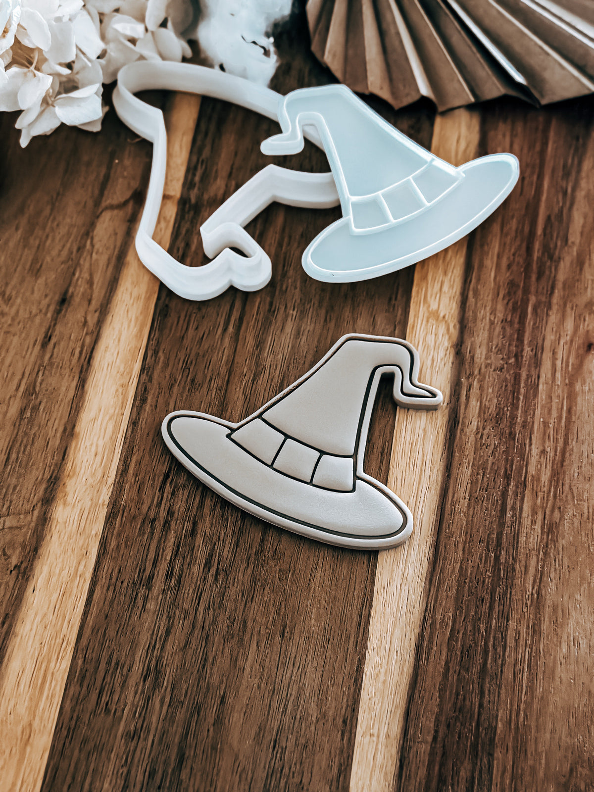 Pointy Witch Hat Halloween cookie stamp and cutter by O'Khach, shown stamped in fondant