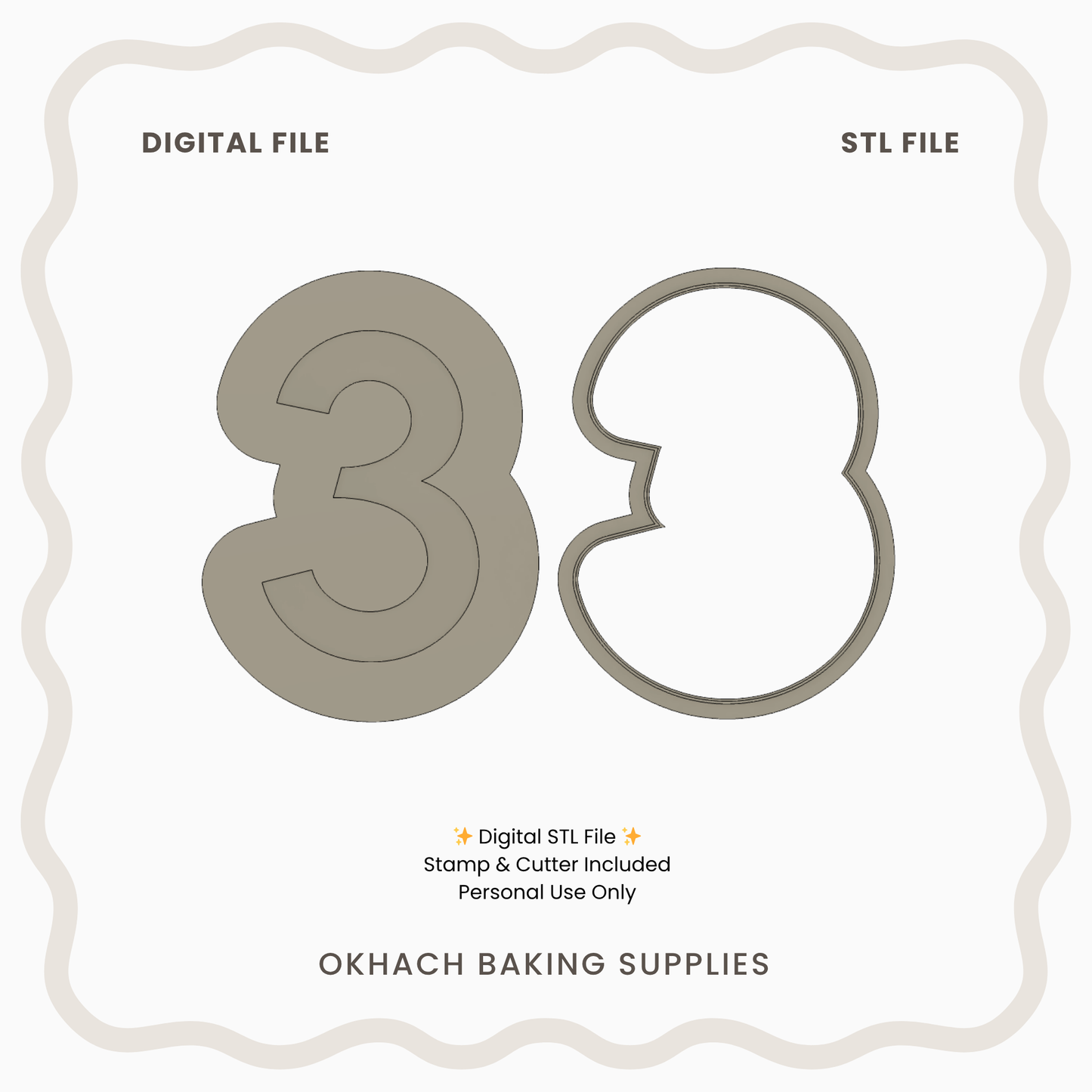 Digital cutout files for a number '3' and cookie cutter shape on a light gray background with OKHACH BAKING SUPPLIES branding.