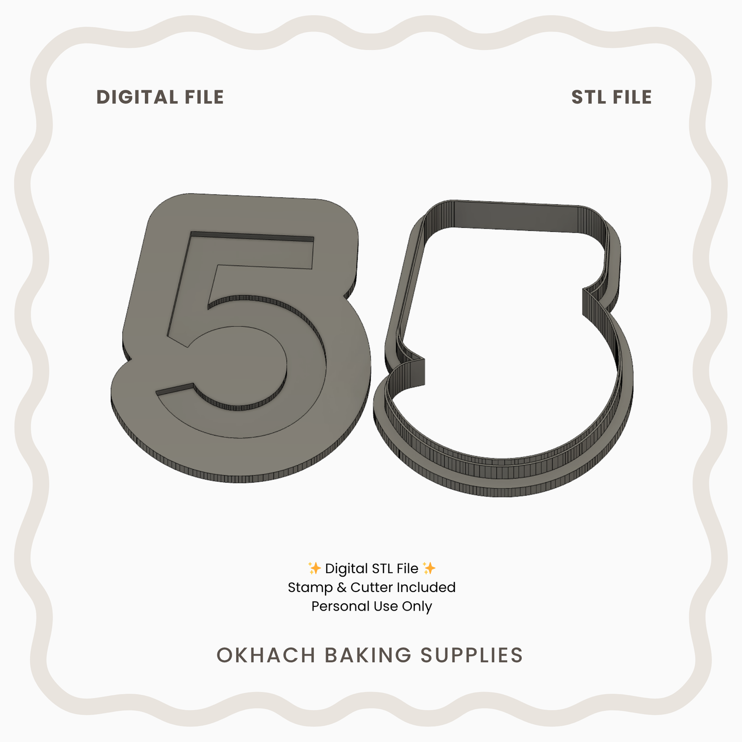Number 5 Cookie Cutter & Stamp – Digital STL File for 3D Printing