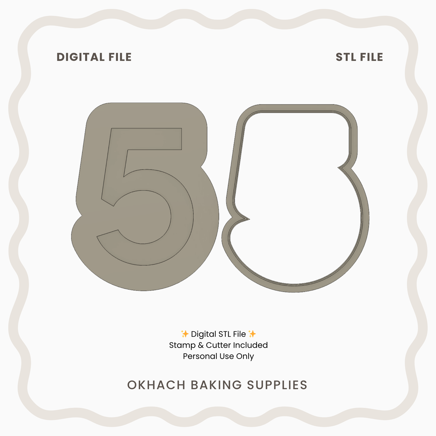 Baking mold with number '5' and letter 'B' on a white background, labeled as digital and STL file by OKHACH Baking Supplies.
