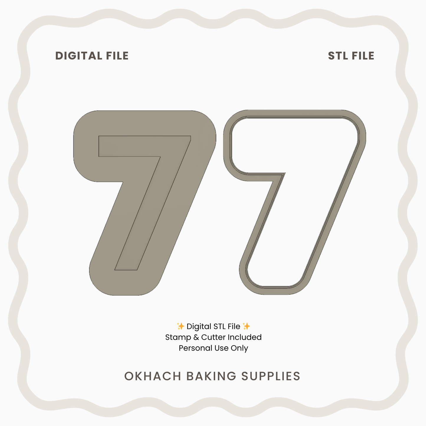 Two cookie cutters shaped like the number '7' with text indicating digital and STL files, and branding information.