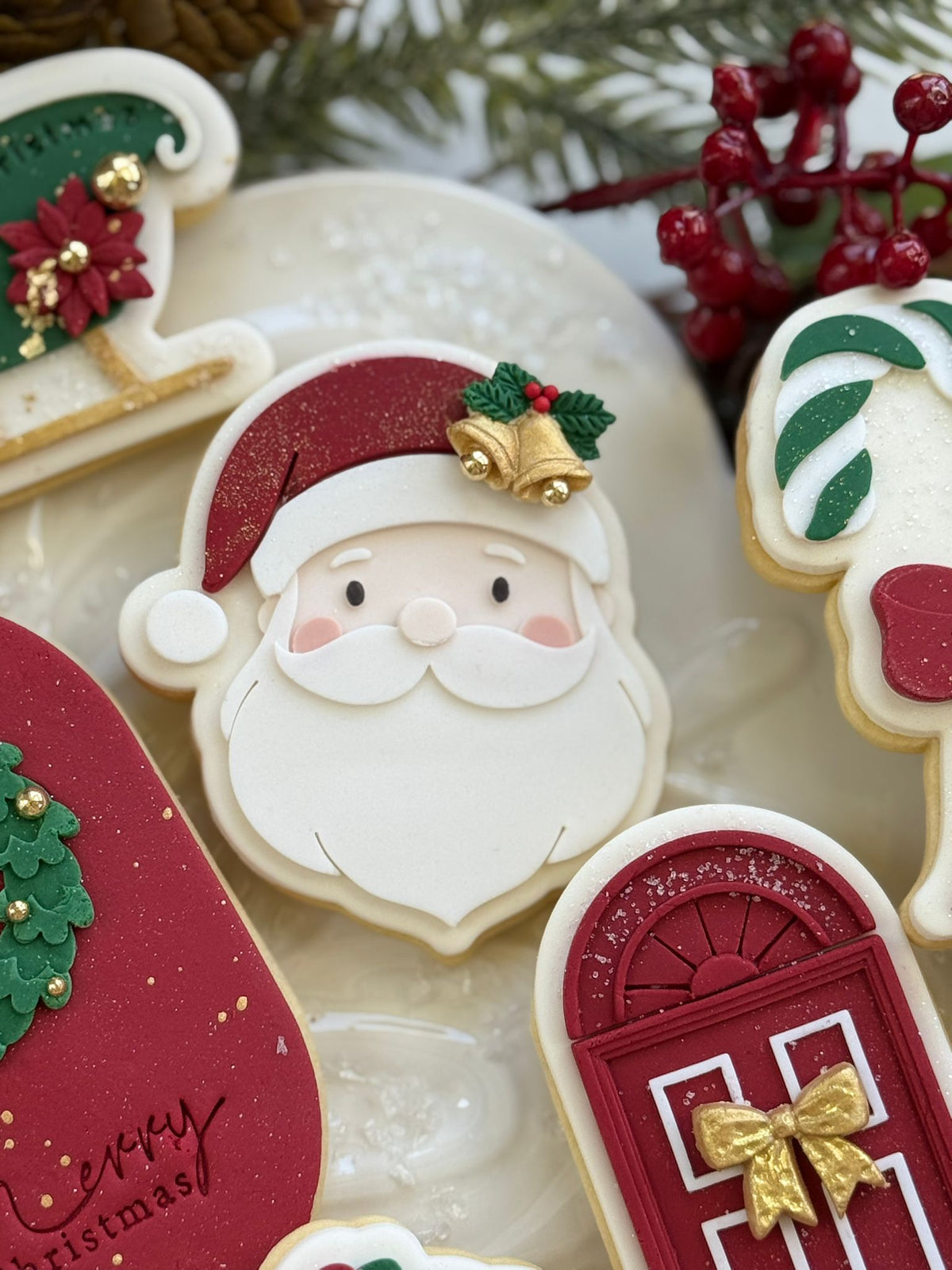 Mr. Santa design stamped in fondant to show the finished cookie