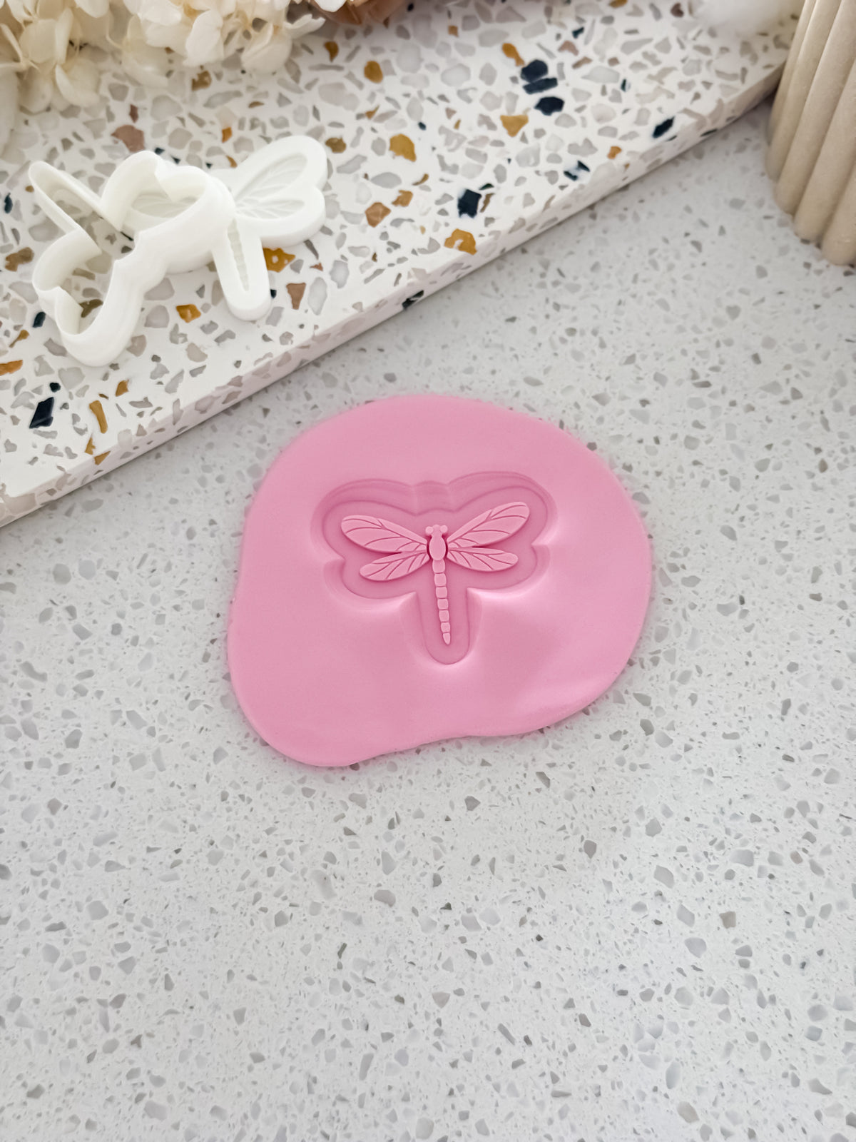 Mini Dragonfly cookie stamp and cutter by O'Khach, shown stamped in fondant