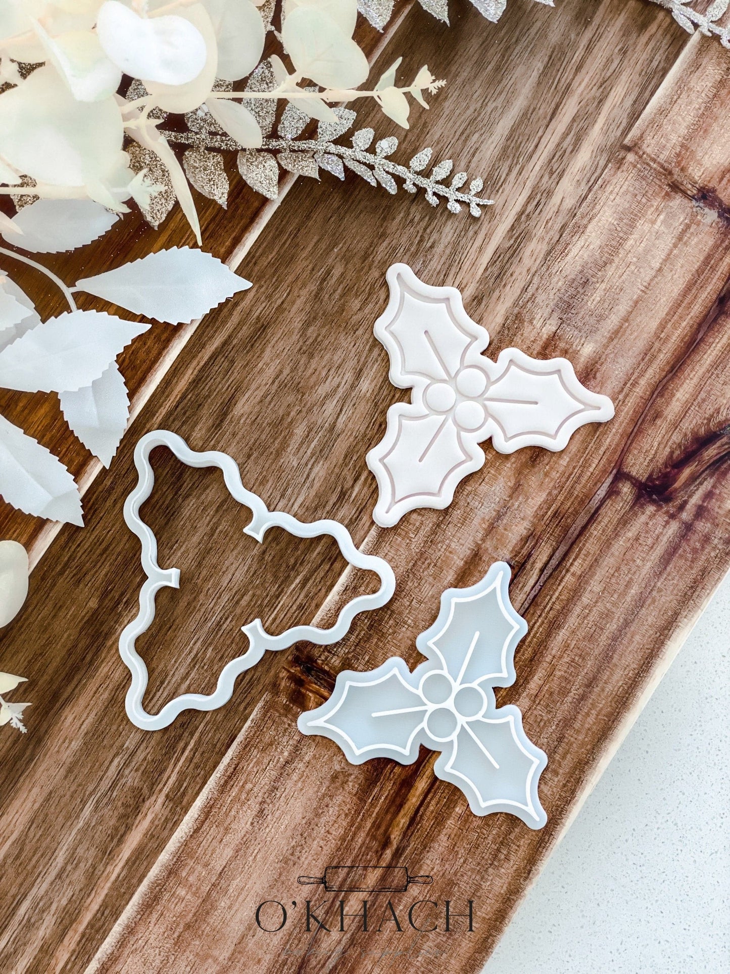 Holly (Mistletoe) Christmas cookie stamp and cutter by O'Khach, shown stamped in fondant