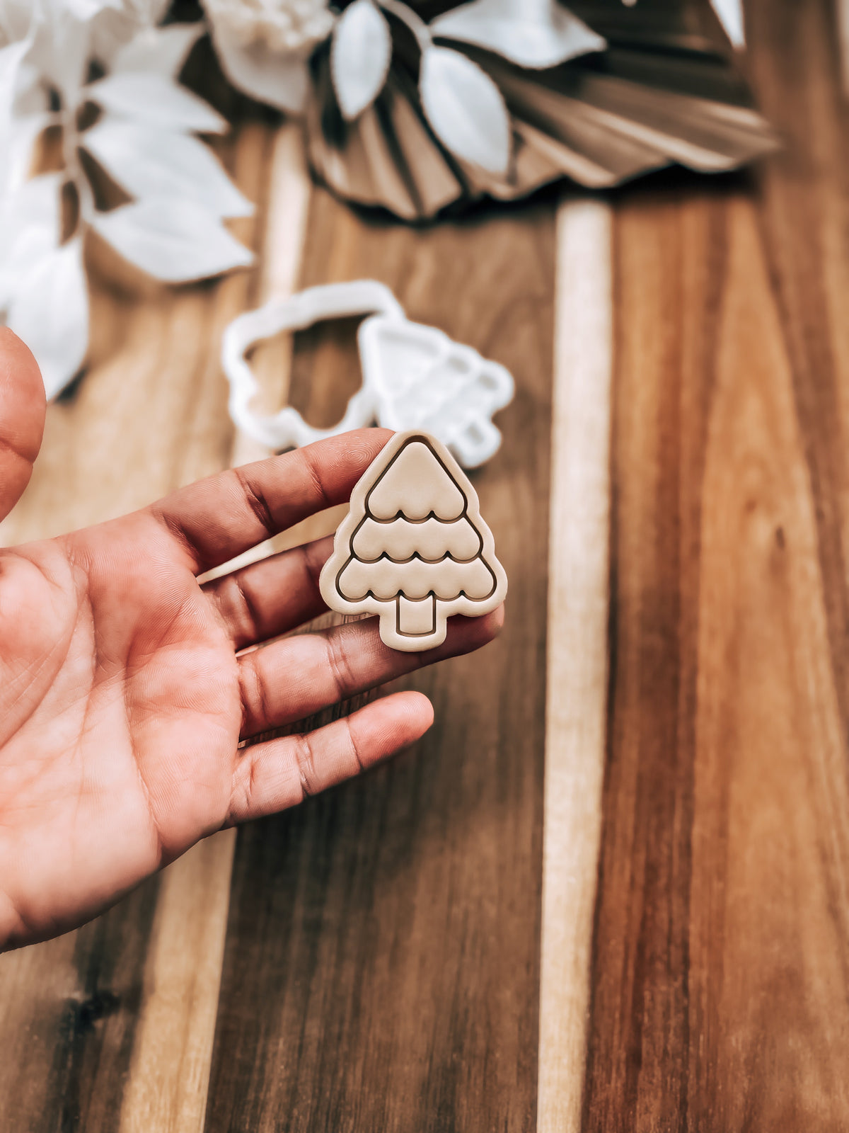 Mini Christmas Tree cookie stamp and cutter by O'Khach, shown stamped in fondant