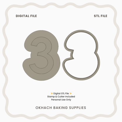 Digital cutout files for a number '3' and cookie cutter shape on a light gray background with OKHACH BAKING SUPPLIES branding.