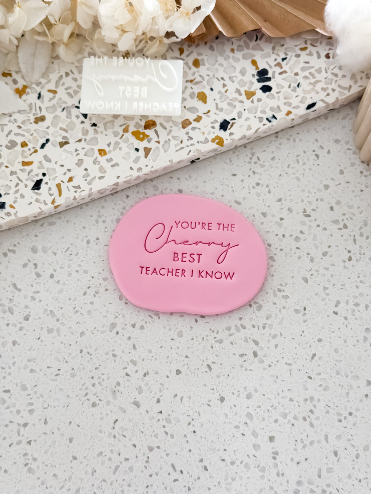 You're the Cherry Best Teacher I Know cookie stamp by O'Khach, shown stamped in pink fondant